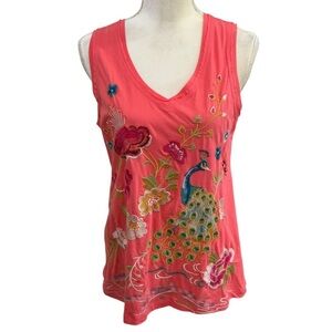 Johnny Was XS Embroidered Celina Tank Top Raw Edge V-Neck Peacock Floral Coral